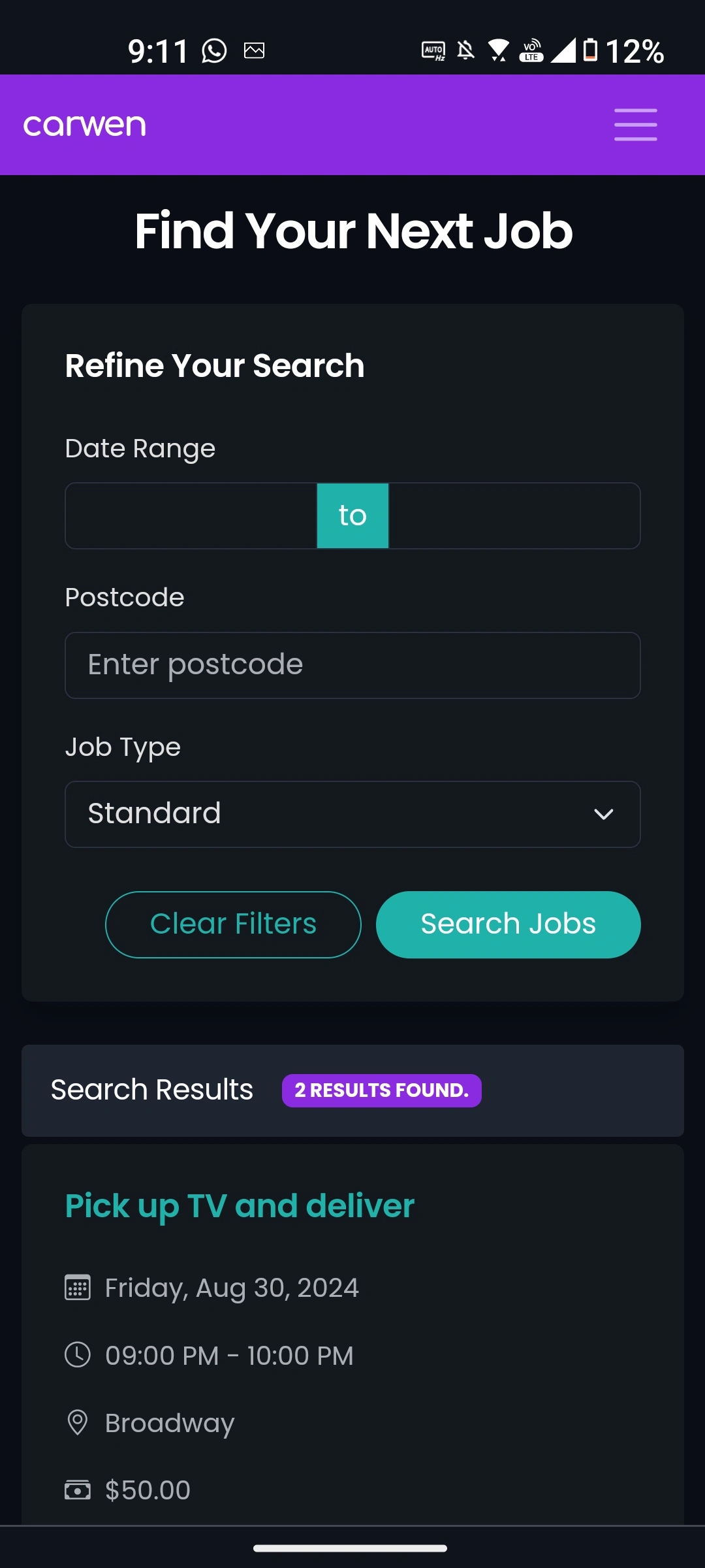 Carwen Driver App Interface